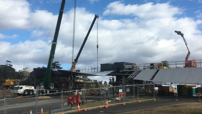 Cranes work on the final span on the Bridge of Remembrance at the Hobart Cenotaph. Picture: NIKKI DAVIS-JONES