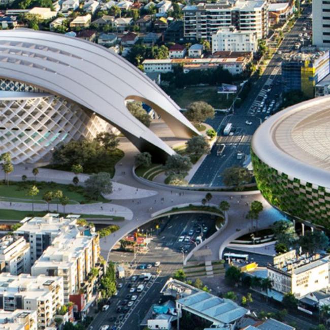 A previous plan for a Brisbane Arena (left) opposite a redeveloped Gabba