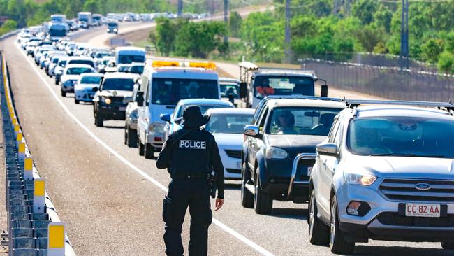 Morning city bound commuters back up down Tiger Brennan Drive after a multiple vehicle accident. Picture: Glenn Campbell