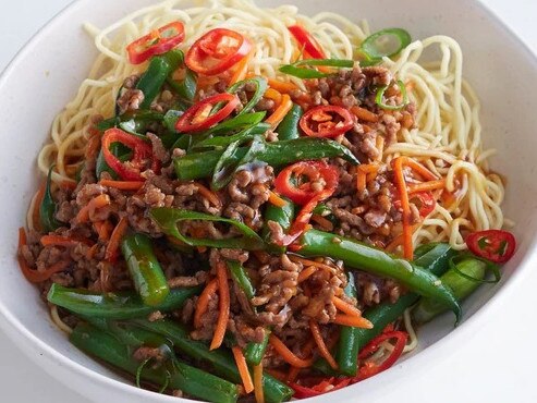 Beef mince noodle stir-fry.