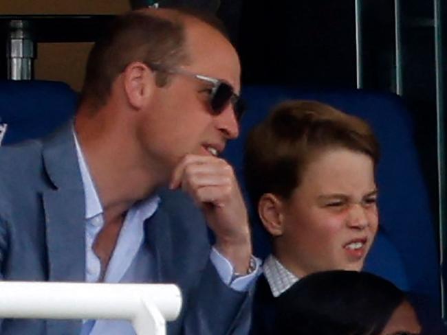 Britain's Prince William, Prince of Wales (L) and his son Britain's Prince George of Wales (R) watch the afternoon session on day four of the second Ashes cricket Test match between England and Australia at Lord's cricket ground in London on July 1, 2023. (Photo by Ian Kington / AFP) / RESTRICTED TO EDITORIAL USE. NO ASSOCIATION WITH DIRECT COMPETITOR OF SPONSOR, PARTNER, OR SUPPLIER OF THE ECB