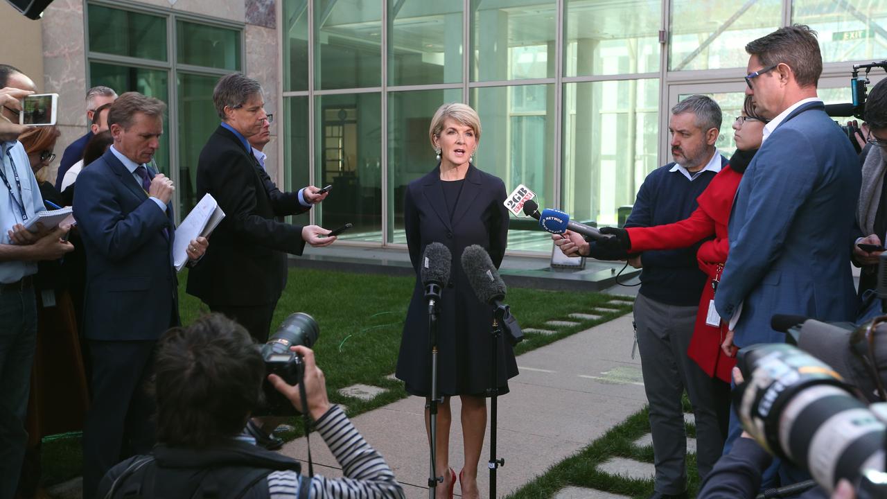 Julie Bishop announces her decision to step down as foreign minister after the leadership spill that toppled Malcolm Turnbull. Photo: Kym Smith