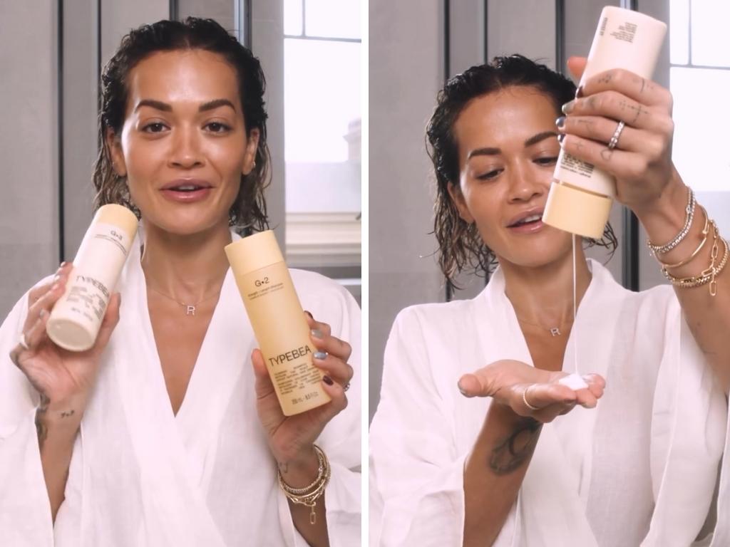 Rita Ora with the TYPEBEA shampoo and conditioner. Picture: Instagram/@typebea.