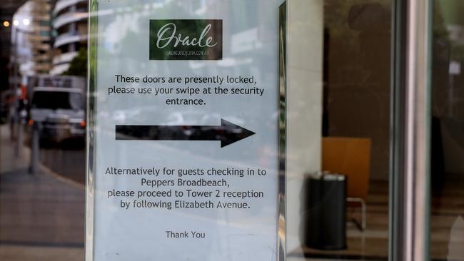 A sign on the door at Peppers in Broadbeach. Picture: Adam Head