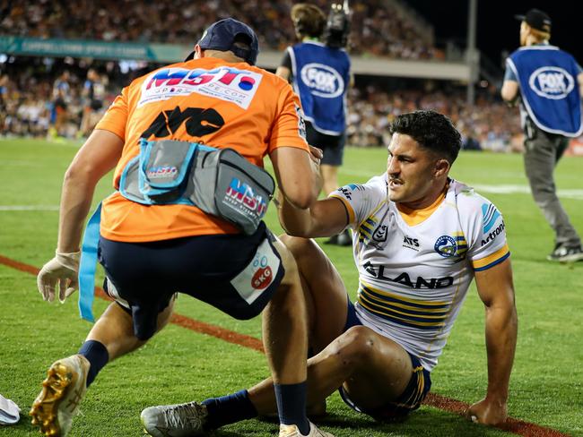 Parramatta Eels five-eighth Dylan Brown is injured against the Wests Tigers. Picture NRL Images