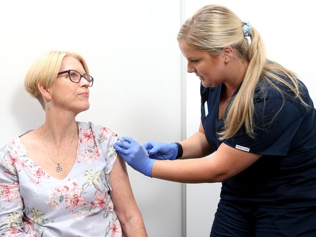 Registered nurse Teagan Black administers the AstraZeneca vaccine to Robyn Chant of Narangba at Health Hub Doctors Morayfield. Picture: Steve Pohlner