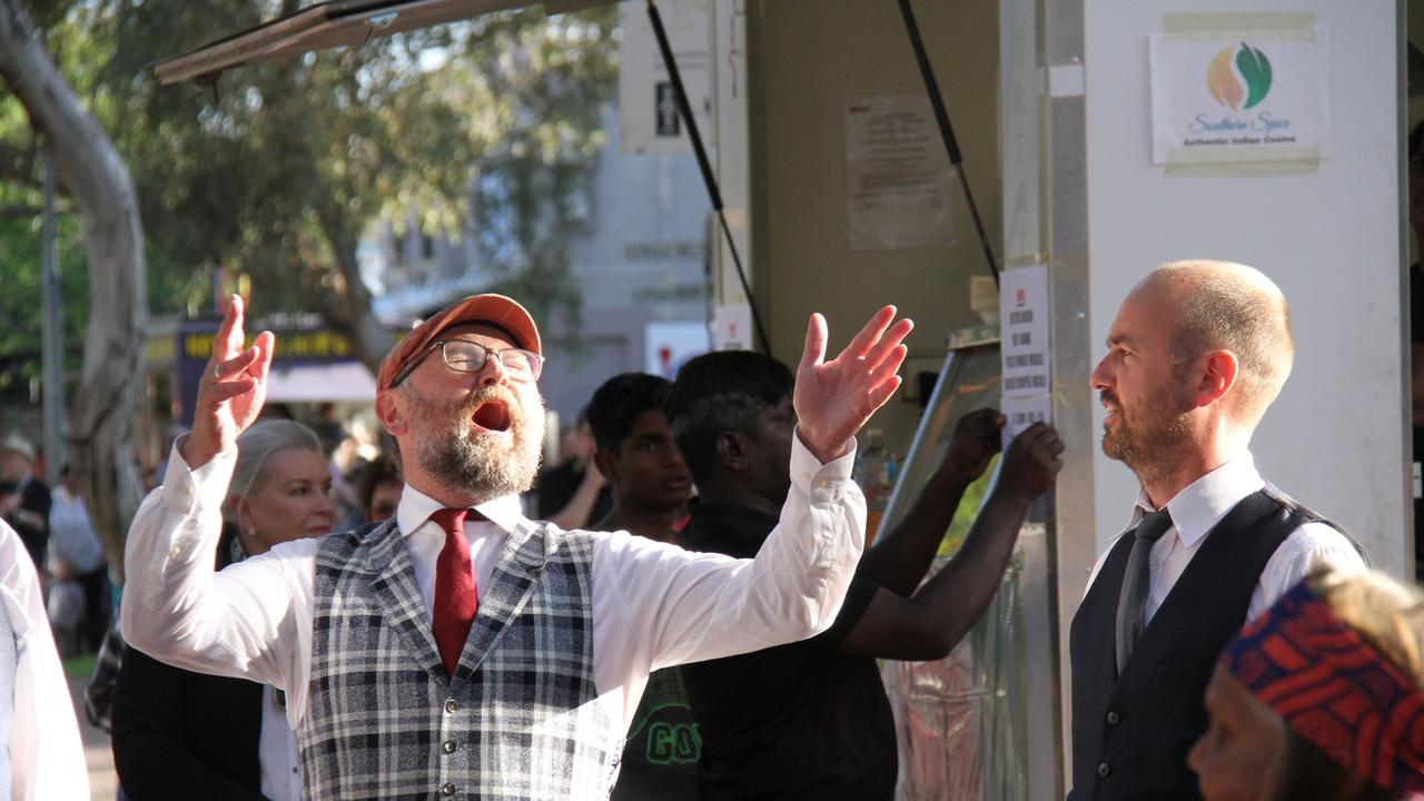 Matthew Lawrence Smith and Jonathan Alexander Ploeg from OLGA perform at the 2024 Desert Song Festival street parade. Picture: Gera Kazakov