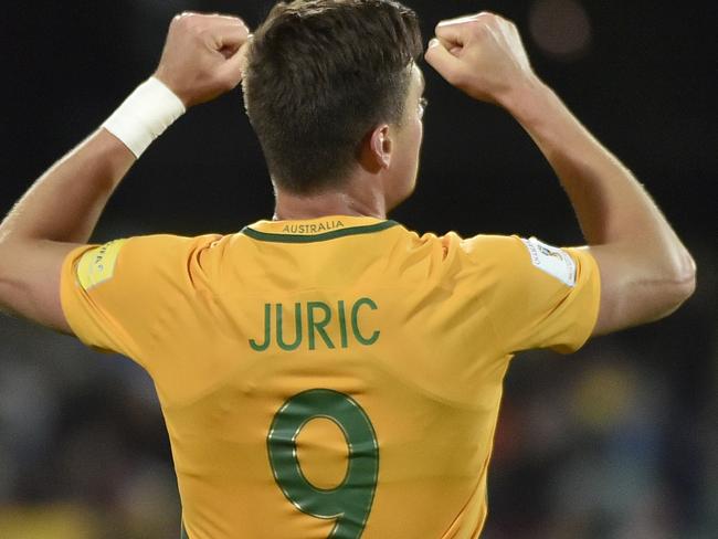 Tomi Juric from Australia celebrates after scoring a goal during the 2018 FIFA World Cup Asian Qualifier match between Australia and Saudi Arabia at the Adelaide Oval in Adelaide, Thursday, June 8, 2017. (AAP Image/David Mariuz) NO ARCHIVING, EDITORIAL USE ONLY