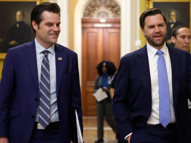 WASHINGTON, DC - NOVEMBER 20: Former U.S. Rep. Matt Gaetz (R-FL) (L) the President-elect Donald Trump's nominee to be Attorney General walks alongside Vice President-elect JD Vance (R) as they arrive for meetings with Senators at the U.S. Capitol on November 20, 2024 in Washington, DC. Gaetz is meeting with Senators as his nomination for Attorney General is under fire following a House Ethics Committee report that is expected to detail allegations of sexual misconduct.   Kevin Dietsch/Getty Images/AFP (Photo by Kevin Dietsch / GETTY IMAGES NORTH AMERICA / Getty Images via AFP)