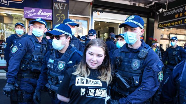 Police stop protesters at Broadway Rd near Victoria Park. Picture: NCA NewsWire / Flavio Brancaleone