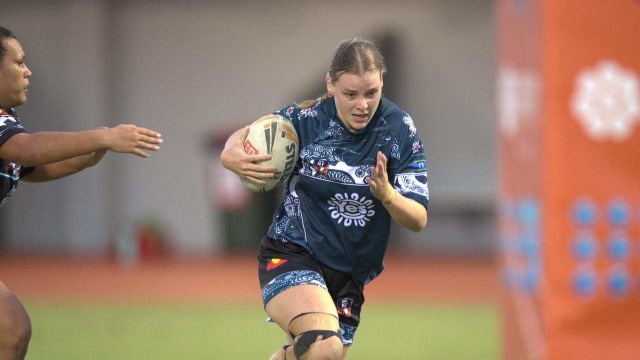 Kiyannah Toy runs in for a try for the Territory All Stars at the 2023 Deadly Cup Carnival women’s match. Picture: Pema Tamang Pakhrin