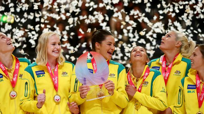 Sharni Leyton lifts the trophy with the Australia team after winning the Quad Series earlier this year.