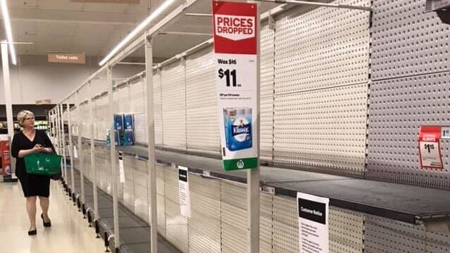 Woolworth in Medowie. Shelves stripped of toilet paper. Credit: Facebook