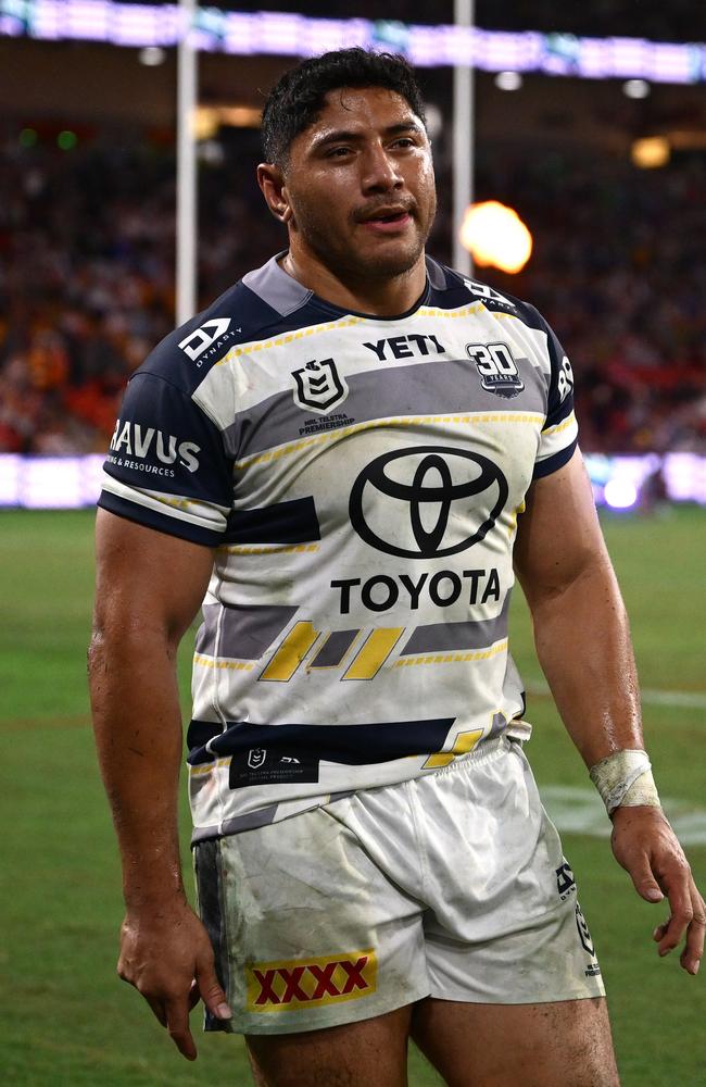 Jason Taumalolo of the Cowboys reacts after the round nine NRL match between the New Zealand Warriors and North Queensland Cowboys at Suncorp Stadium on May 03, 2025, in Brisbane, Australia. (Photo by Hannah Peters/Getty Images)