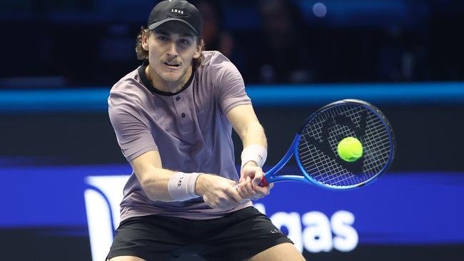 Turin, Italy - November 14: Jordan Thompson of Australia controls the ball during the doubles match between Marcel Granollers of Spain and Horacio Zeballos of Argentina against Max Purcell of Australia and Jordan Thompson of Australia on day five of the Nitto ATP finals 2024 at Inalpi Arena on November 14, 2024 in Turin, Italy. (Photo by sportinfoto/DeFodi Images via Getty Images)