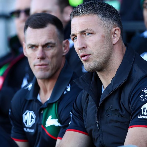 Former Rabbitohs assistants John Morris and Sam Burgess. Picture: NRL Imagery