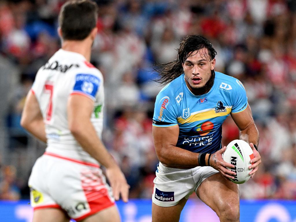 Tino Fa'asuamaleaui was a diamond in the rough for the Titans in a humbling opening round defeat to the Dragons. Picture: Bradley Kanaris/Getty Images