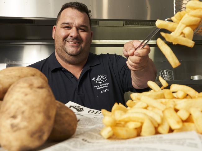 Kosta Papageorgakis at Port Noarlunga Fish and Chips to re-open, after Kosta drove to Bordertown to find better potatoes, Monday, Jan. 24, 2022. Picture: MATT LOXTON