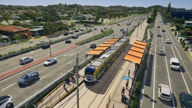 Artist impression of Gold Coast Light Rail Stage 4 between Tugun and Coolangatta, including Gold Coast Airport and the NSW border. Picture: Department of Transport and Main Roads.