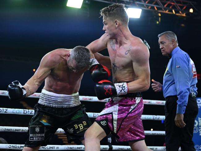 Andrei Mikhailovic dominated Les Sherrington (black trunks) at the Tszyu-Creati PPV at the Hordern Pavilion on Wednesday night. Picture: No Limit Boxing