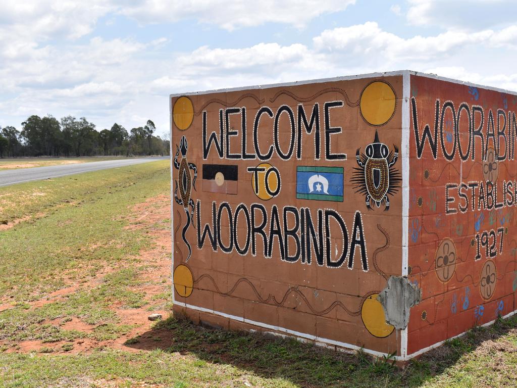 The Welcome to Woorabinda sign following the deaths of two toddlers in the remote Indigenous community. Photo: Geordi Offord