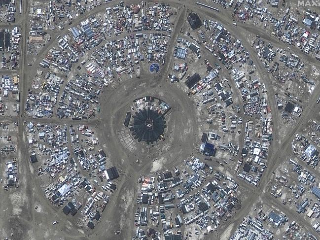 An overview of the centre camp of Burning Man festival in Nevada’s Black Rock desert. Picture: Satellite image Â©2023 Maxar Technologies / AFP