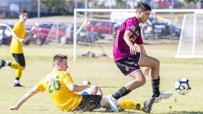 Lachlan Suitor and Usmann Ali in a 2020 Queensland Schools Premier League Football match- Picture: Richard Walker