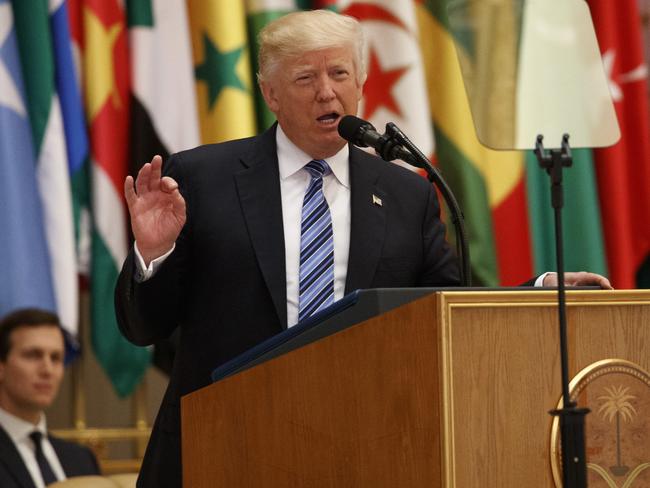President Trump delivers a speech to the Arab Islamic American Summit in Riyadh, Saudi Arabia. Picture: Evan Vucci/AP Photo