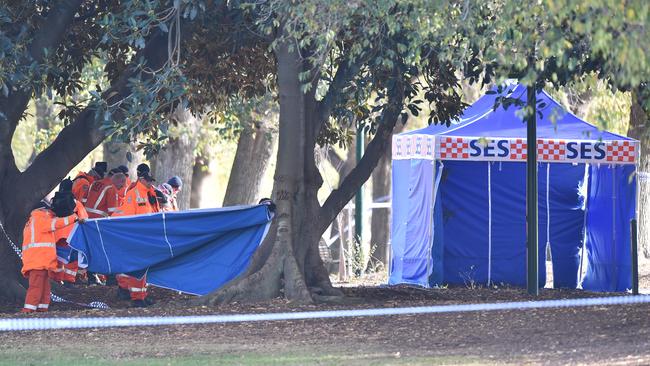 SES personal perform a line search in Fawkner Park in South Yarra, at the site Daniel O’Shea was shot dead. Picture: AAP