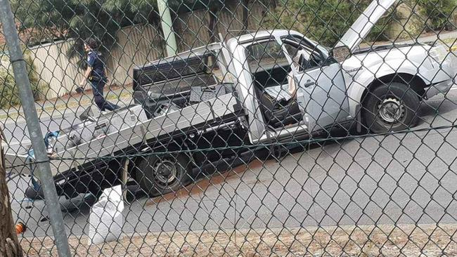 The crashed ute in Bethania on Sunday. 