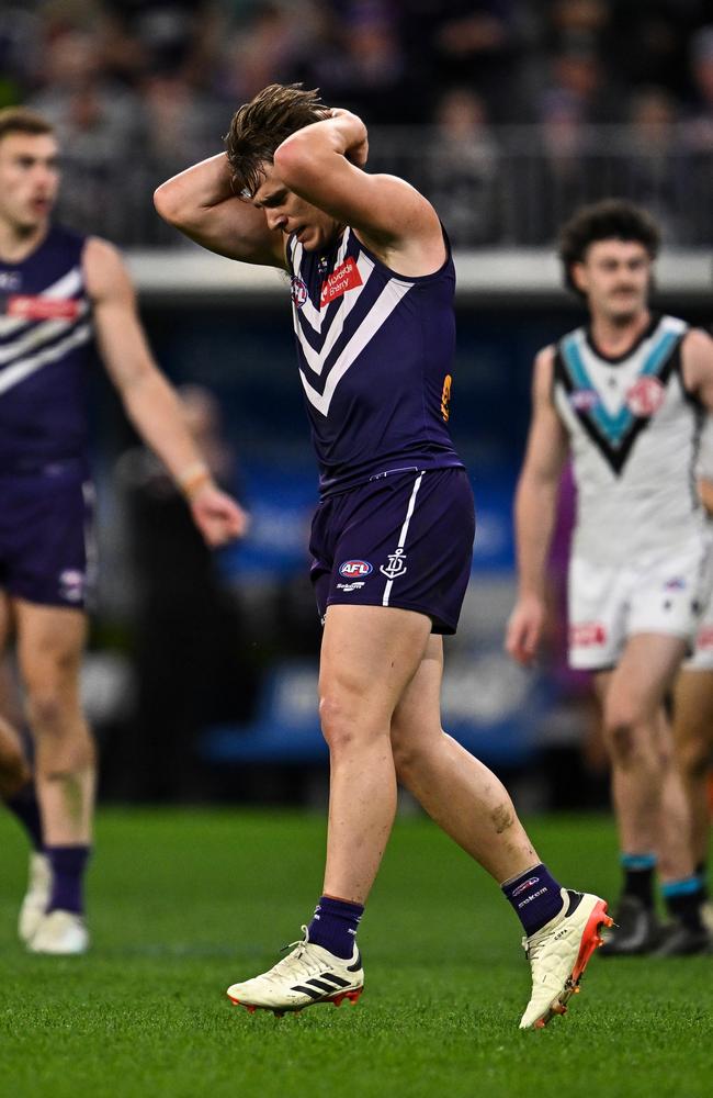 Caleb Serong of the Dockers ruing a missed goal. Picture: Daniel Carson/AFL Photos via Getty Images.