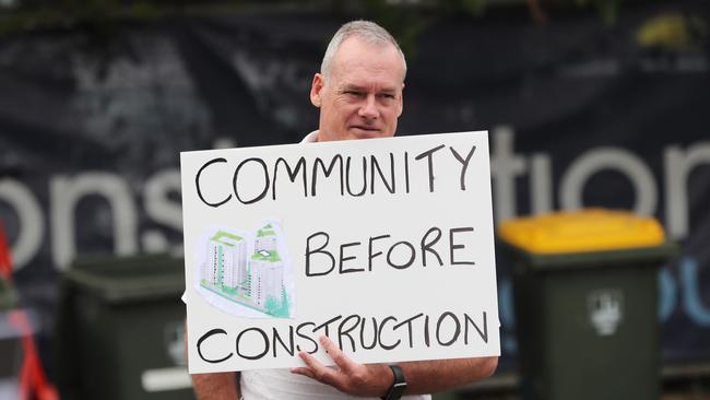 Residents blocked Lambert St, Kangaroo Point, earlier this year to protest at the plans for three 15-storey towers. Picture: Peter Wallis