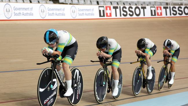 The Australia's Womens B Team Pursuit team competing in Adelaide. Sally Carter, Keira Will, Amber Pate and Claudia Marcks. Some of them will be competing at the national track titles. Photo by Sarah Reed/Getty Images