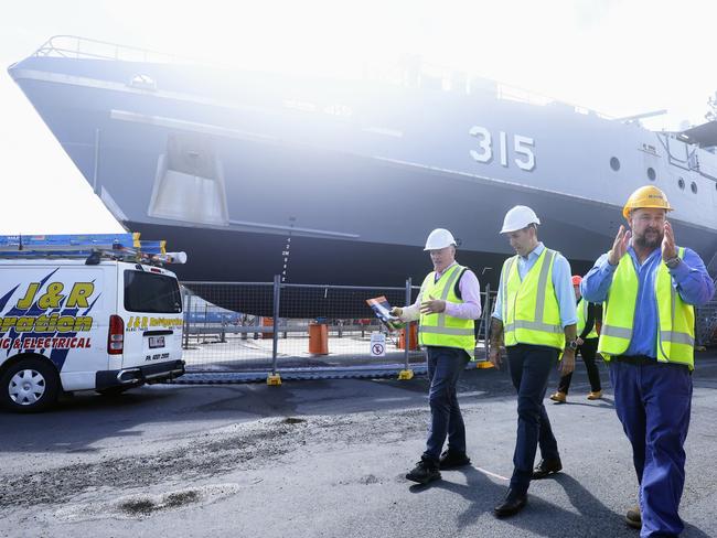 Federal Treasurer Jim Chalmers has visited the Cairns Marine Precinct, to promote the $360 million expansion to the industry, equally funded by the federal and state governments. Norship defence operations manager Stuart Hodgson shows Treasurer Jim Chalmers, Member for Cairns Michael Healy Norship defence operations manager Stuart Hodgson and Austral General Manager for Queensland Phil Growden inspect work being undertaken on Australian Defence Force vessels. Picture: Brendan Radke