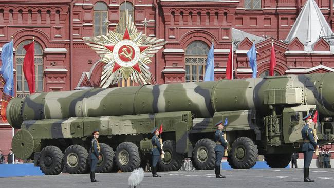 A Russian Topol-M ICBM drives across Red Square during a Victory Day Parade in Moscow on May 9, 2008.