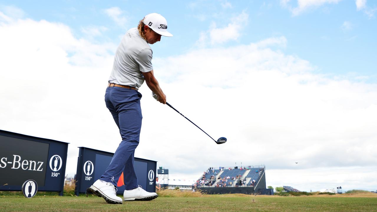 Cameron Smith of Australia tees off during a practice round prior to The 150th Open at St Andrews Old Course.