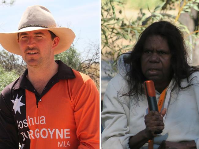 Water resources minister Josh Burgoyne, Ali Curung local Maureen Nampijinpa OâKeefe, and Arid Lands Environment Centre policy officer Alex Vaughan. Pictures: Gera Kazakov