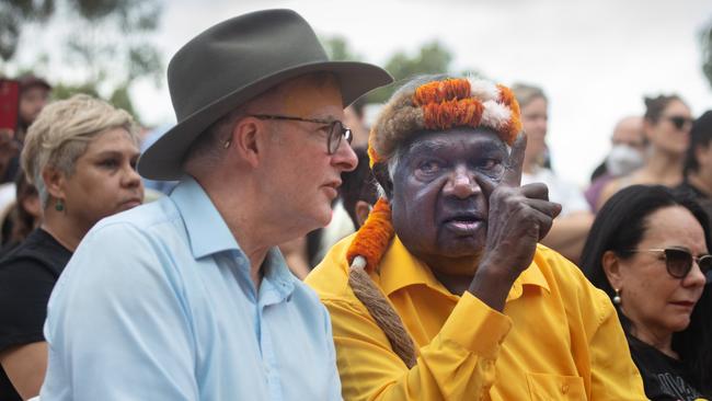 Yunupingu with Anthony Albanese at the Garma festival in 2022. Picture: Melanie Faith Dove