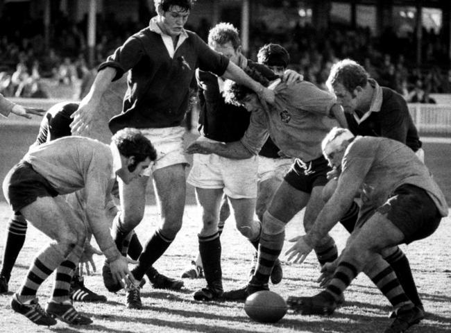 Australian captain Greg Davis right edges out opposing skipper Hannes Marais during the Wallabies v South Africa Test in Brisbane in 1971.