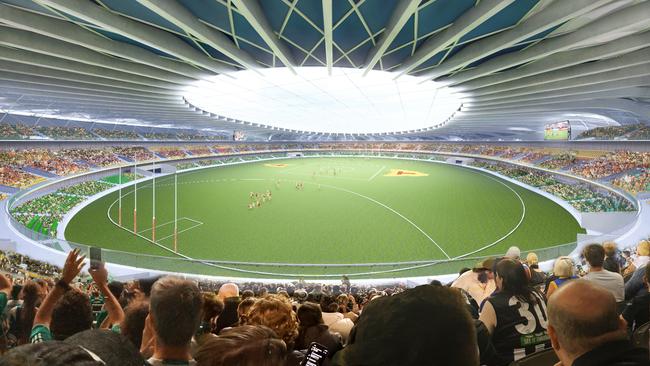 Hobart Stadium interior view with crowd. Proposed Macquarie Point stadium by SolutionsWon Group. Picture: SolutionsWon Group