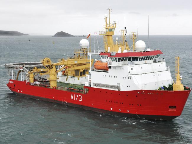 Royal Navy Antarctic Patrol Vessel HMS Protector, pictured near Plymouth in the UK, is joining the search. At least six other nations said they would join in the effort as the search area doubled. Picture: Britain’s Ministry of Defence via AP