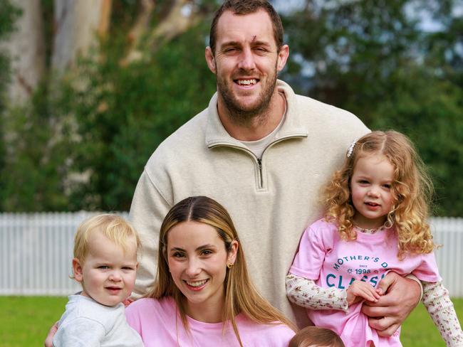 Daily Telegraph. 02, May, 2025.**Embargoed DT See Nicola Amaros before publication**Ashleigh Camenzuli and Isaah Yeo with their children, Lennox, 2, Tatum, 8 months, and Haven, 3, in Glenbrook, today.Ashleigh is an ambassador of the 2025 MotherÃs Day Classic Ã the countryÃs largest walk and run for breast and ovarian cancer research. Picture: Justin Lloyd.