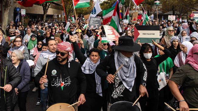 Pro-Palestine supporters march towards Trade Hall, Melbourne, during a recent rally. Picture: Diego Fedele