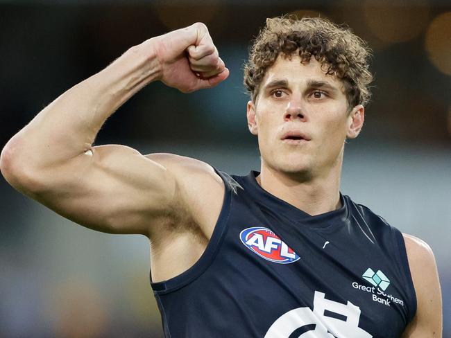 BRISBANE, AUSTRALIA - SEPTEMBER 23: Charlie Curnow of the Blues celebrates a goal during the 2023 AFL Second Preliminary Final match between the Brisbane Lions and the Carlton Blues at The Gabba on September 23, 2023 in Brisbane, Australia. (Photo by Russell Freeman/AFL Photos via Getty Images)