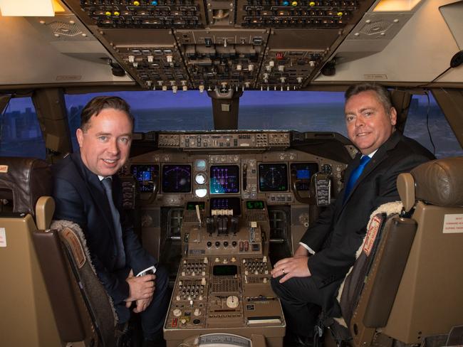 Qantas boss Alan Joyce and NSW Minister for Industry, Energy and Resources Anthony Roberts in the  Flight Simulator