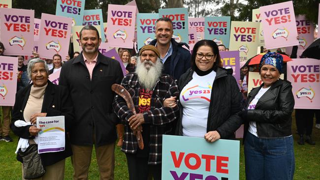 Premier Peter Malinauskas and Indigenous Affairs Minister Kyam Maher threw their support behind Ms Burney at Saturday’s “yes” vote event, which was attended by dozens of volunteers who doorknocked homes in Prospect. Picture: Naomi Jellicoe