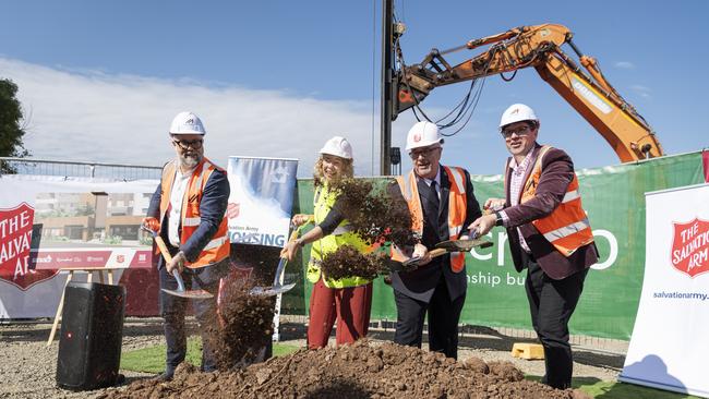 Salvation Army social housing project on Snell St ground breaking ceremony (from left) McNab group marketing and sales general manager Steve Kelk, Assistant Minister for Housing Ali King, Salvation Army Major Mark Everitt and Toowoomba Mayor Geoff McDonald, Friday, June 21, 2024. Picture: Kevin Farmer