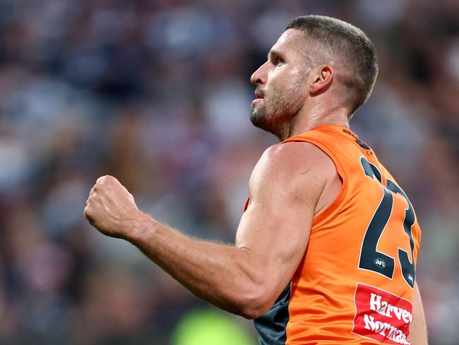 Celebrating one of his seven against the Cats. Picture: Josh Chadwick/Getty Images