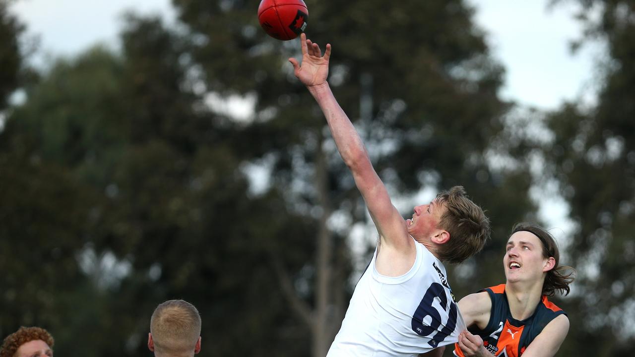 Sandringham Dragons ruckman Max Heath gets a hitout against Calder Cannons on Saturday. Photo: Hamish Blair