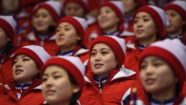 North Korea’s cheerleaders at the pairs short figure skating program. Picture: AFP